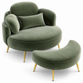 Green Velvet Lounge Chair with Ottoman and Gold Metal Legs
