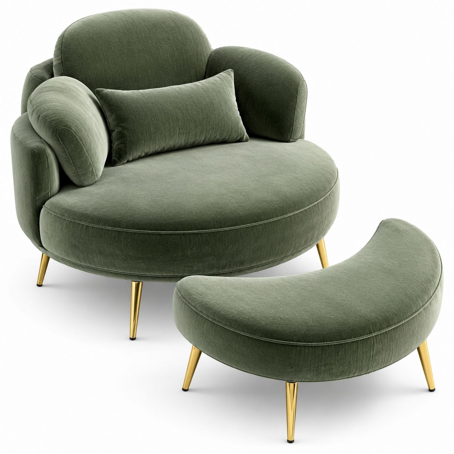 Green Velvet Lounge Chair with Ottoman and Gold Metal Legs