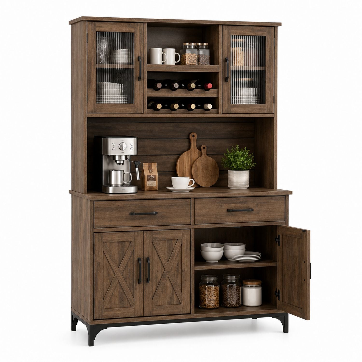 Wooden Sideboard Buffet with Glass Doors and Wine Rack