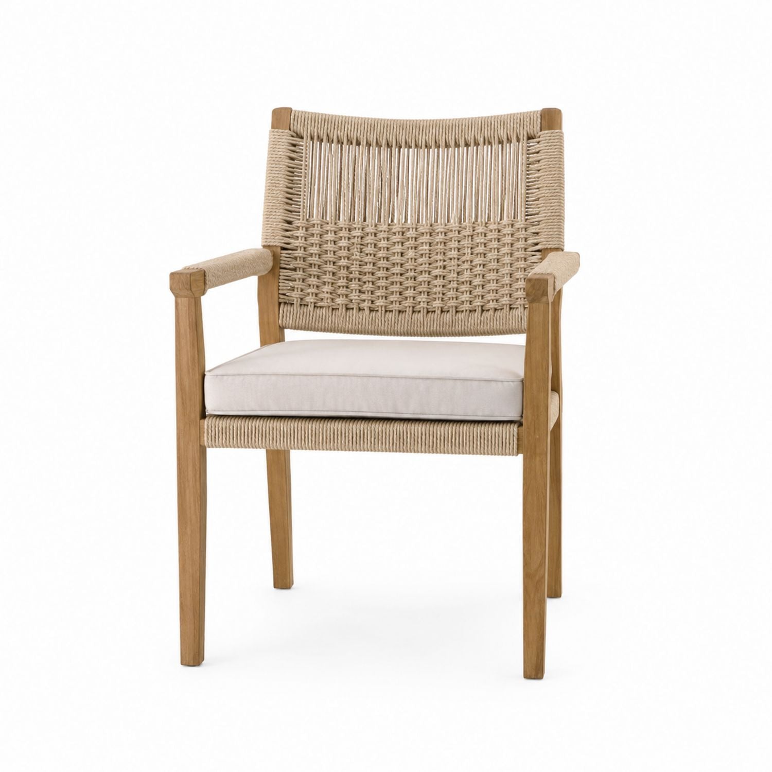 Outdoor Armchair with Teak Wood Frame and Beige Rope