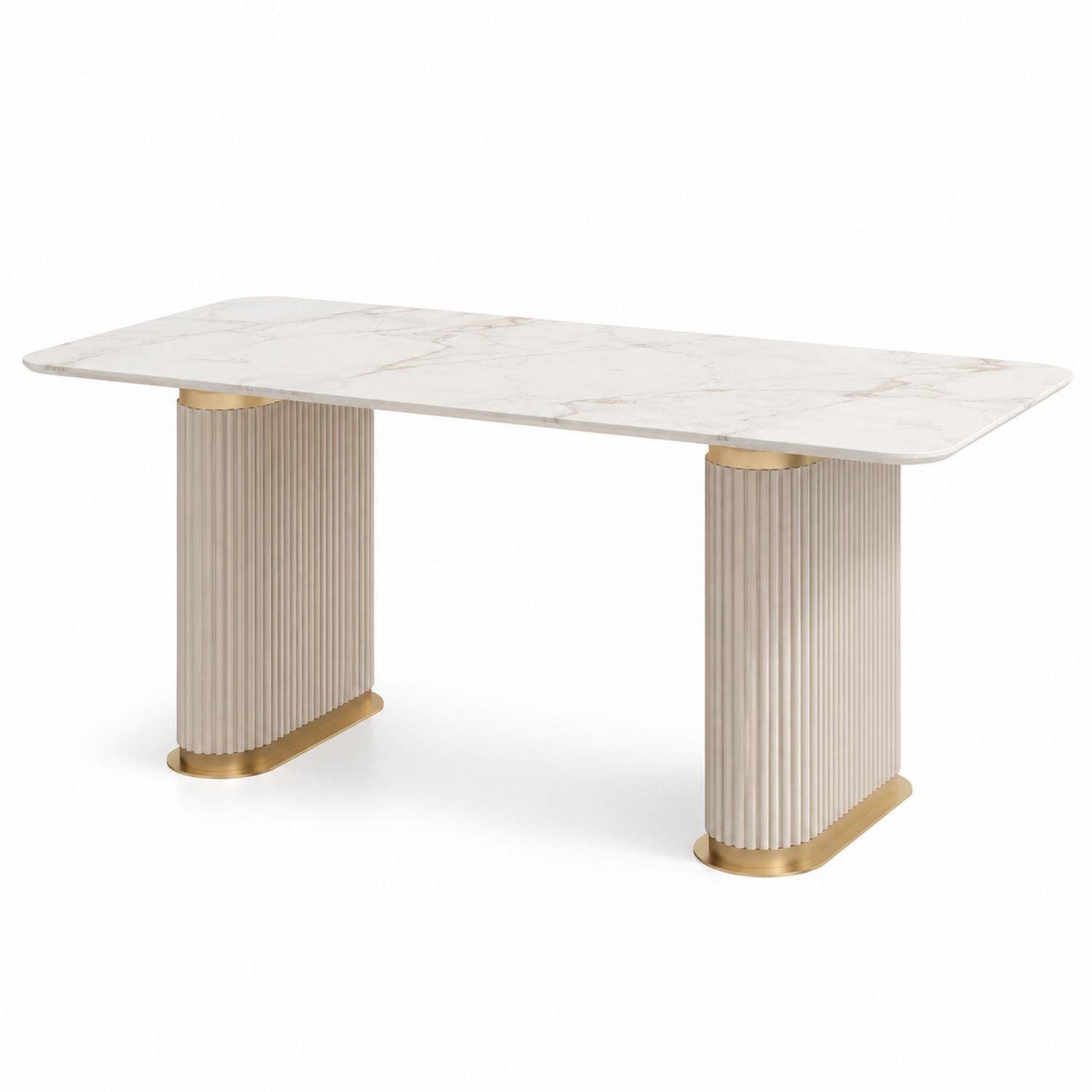 Rechteckiger Marmor-Esstisch mit Metallgestell, Beige und Gold, 180cm