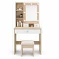 Wood Vanity Table Set with Mirror Lights and Stool in Beige/White