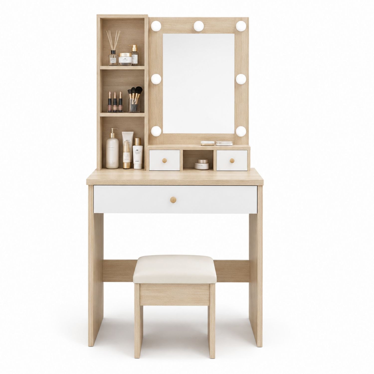 Wood Vanity Table Set with Mirror Lights and Stool in Beige/White