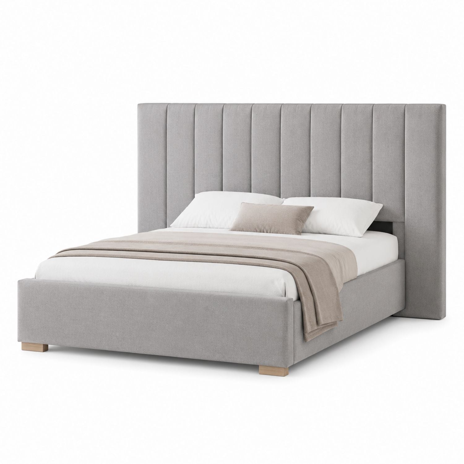 Graues gepolstertes Plattformbett mit gepolstertem Kopfteil, Kingsize