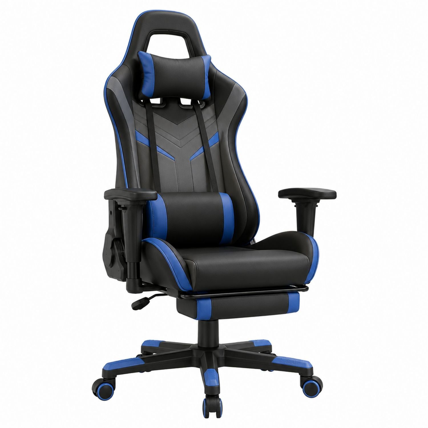 Gaming-Bürostuhl PU-Leder Schwarz/Blau Ergonomisch Verstellbar mit Fußstütze