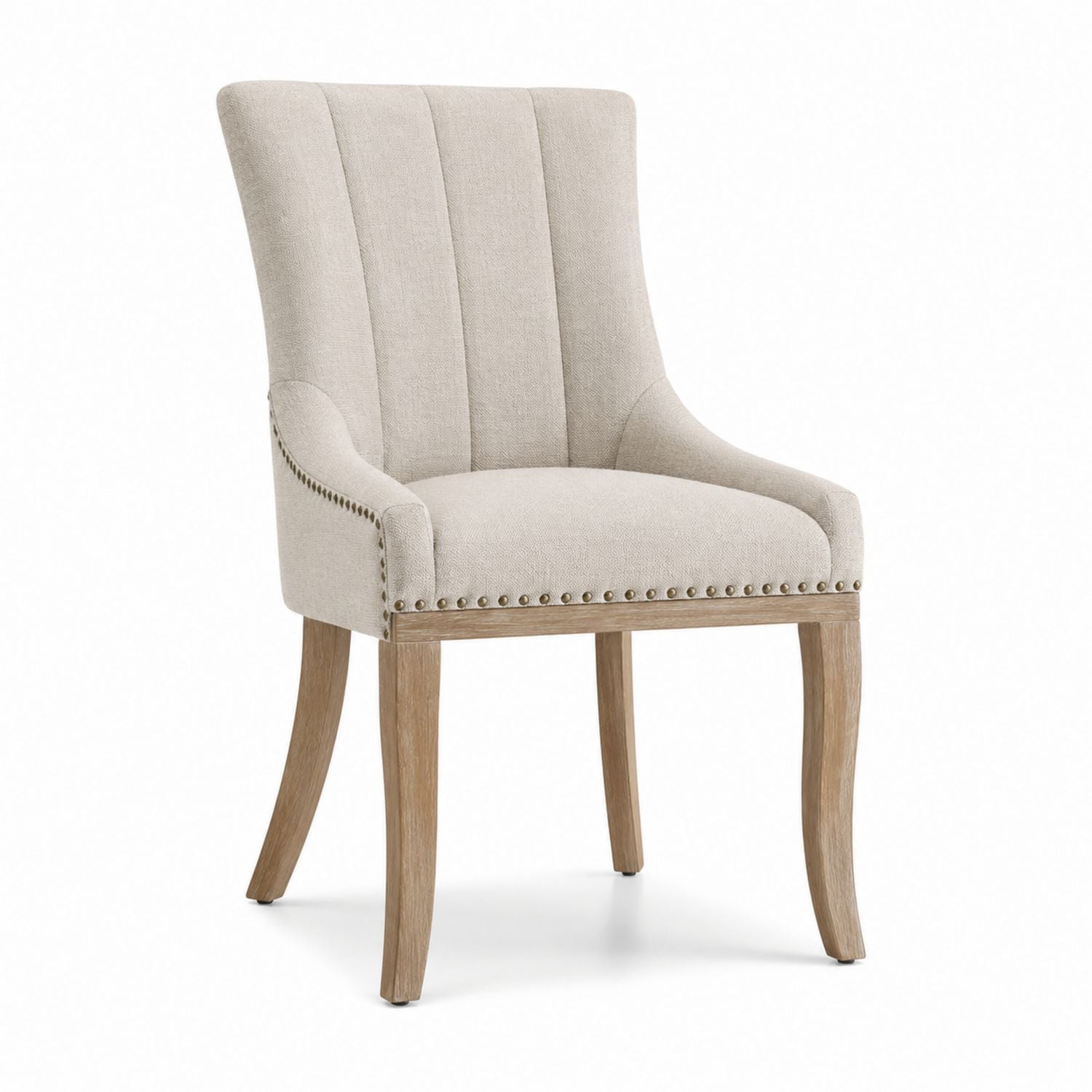 Beige Upholstered Dining Chair with Wood Frame and Nailhead Trim