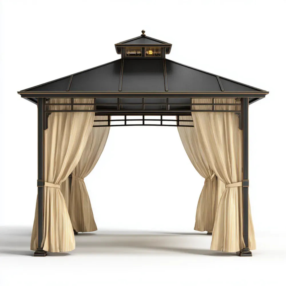 Gazebo - Steel Frame 300x300x270 cm with Beige Curtains - Outdoor Pavilion