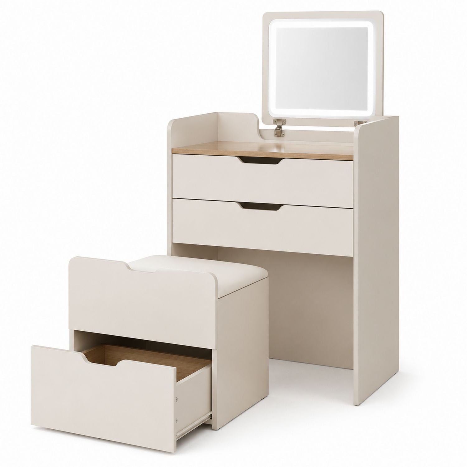 Beige MDF Vanity Set with Mirror and Storage Drawers