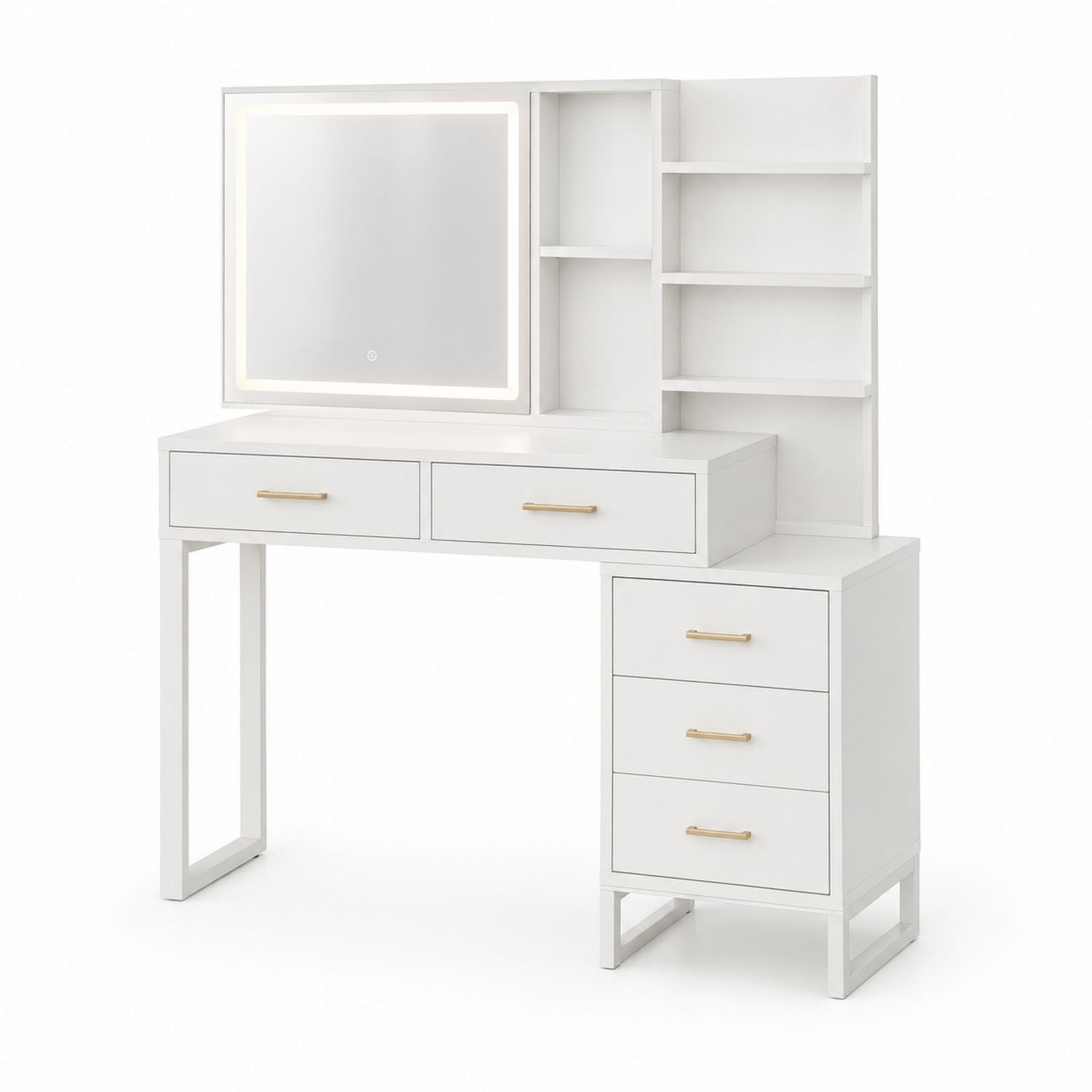 MDF Wood Vanity Desk with LED Mirror and Storage Shelves in White
