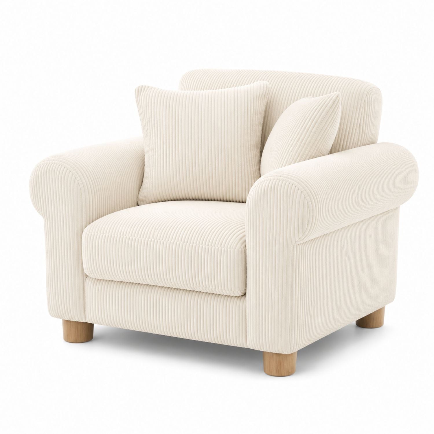 Beige Corduroy Armchair with Rounded Arms and Cushions