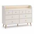 9-Drawer Dresser MDF White with Oak Legs and Metal Knobs 135cm x 40cm x 95cm
