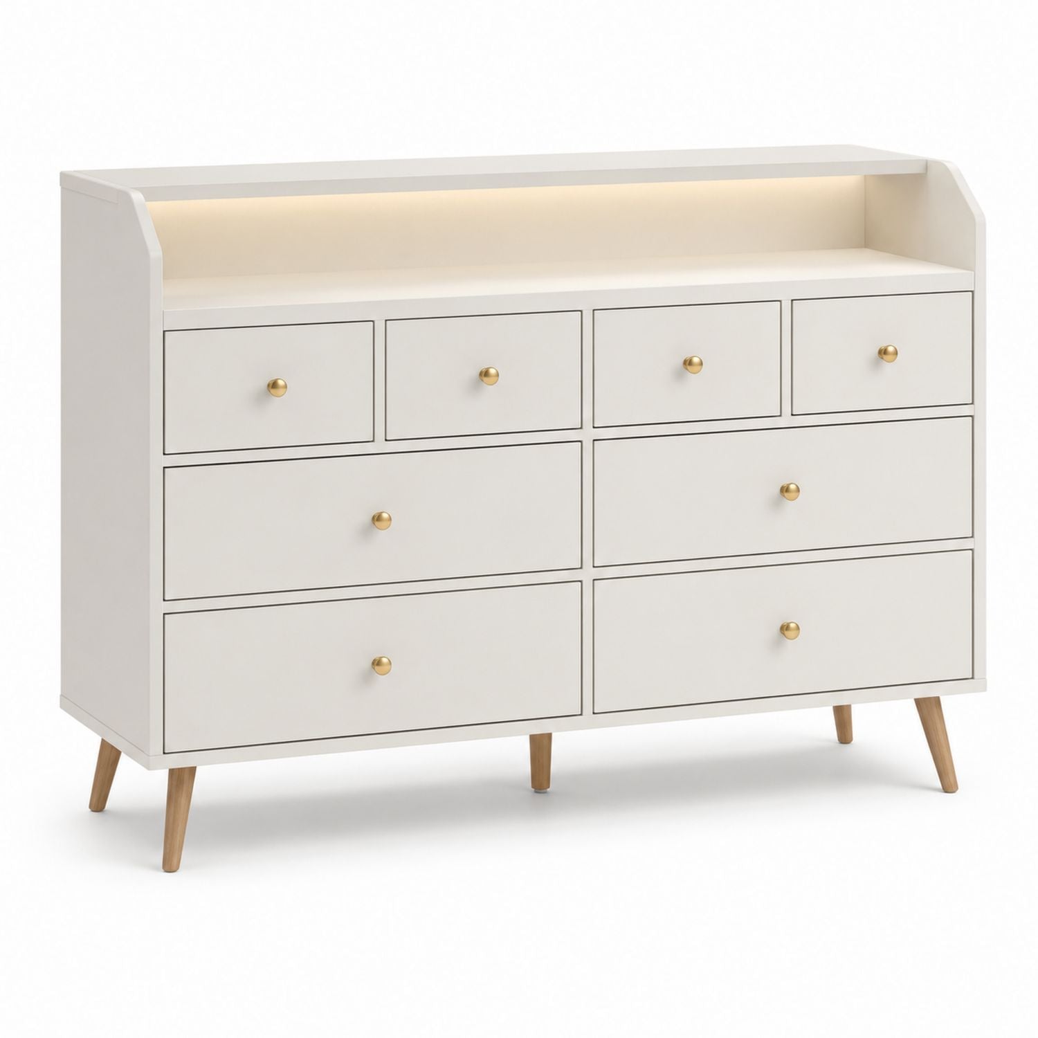 9-Schubladen-Kommode MDF Weiß mit Eichenholzbeinen und Metallgriffen 135 cm x 40 cm x 95 cm