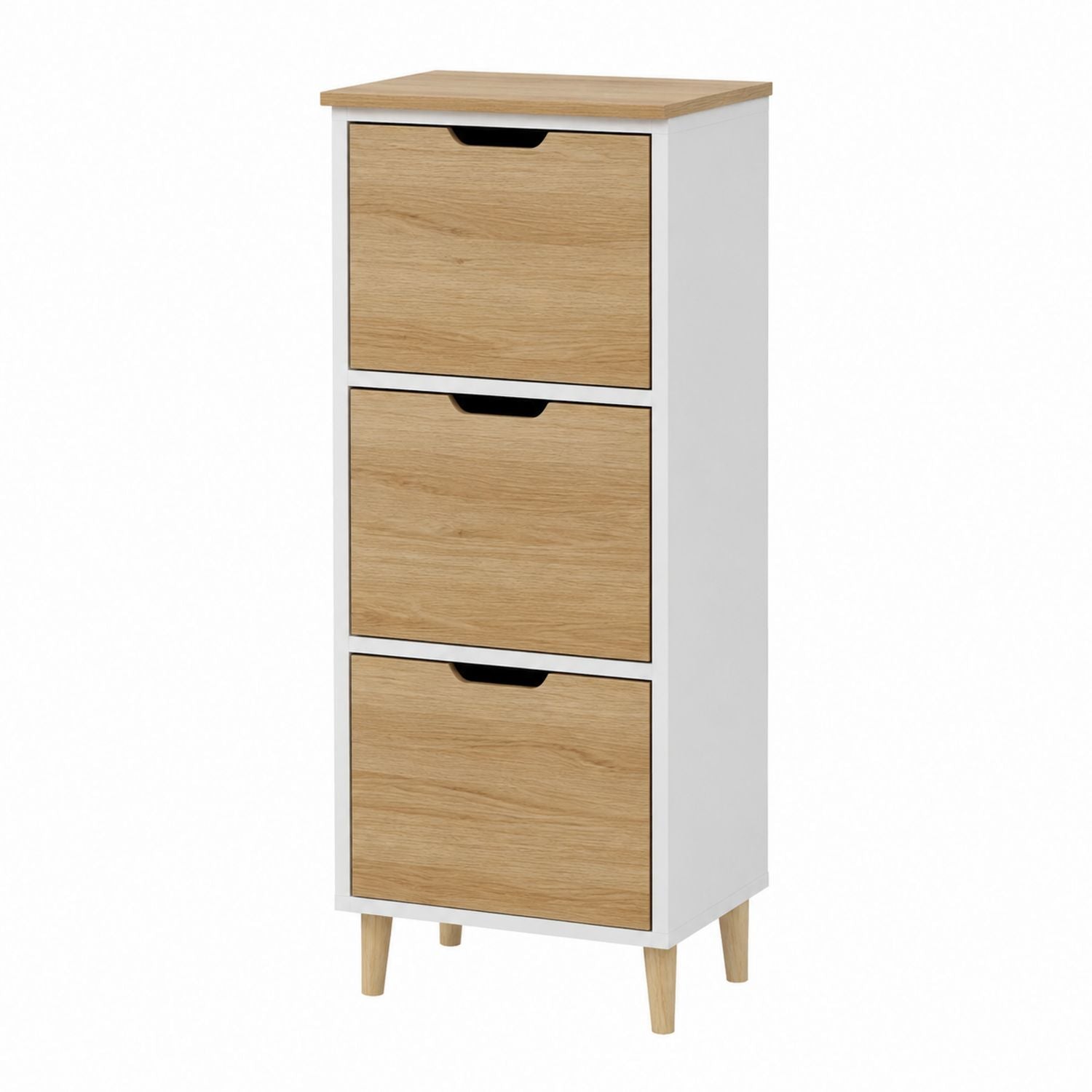 Spanplatten-Aufbewahrungsschrank mit 3 Schubladen, Weiß/Eiche 106cm x 34cm x 30cm