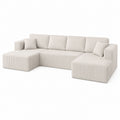 Beige Corduroy L-Shaped Sectional Sofa with Cushions