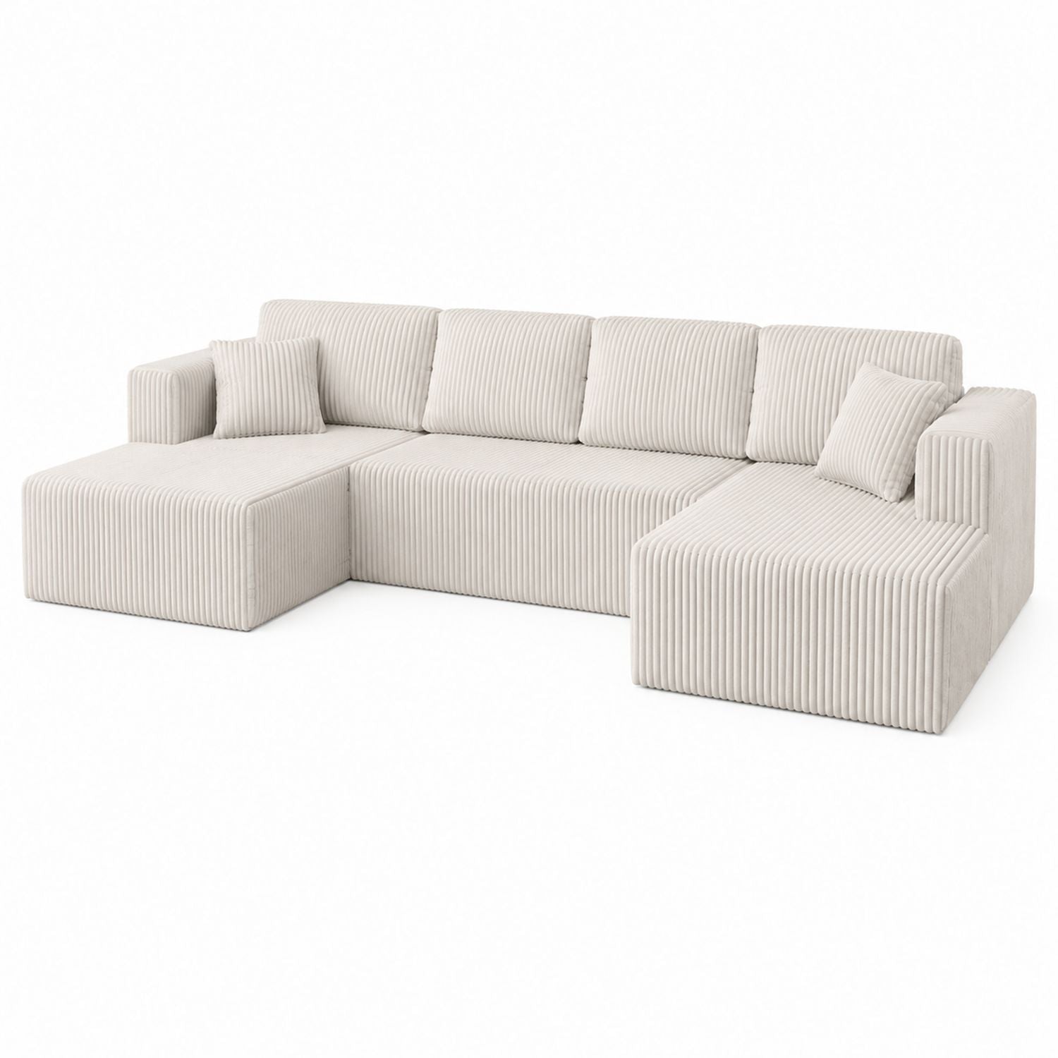 Beige Corduroy L-Shaped Sectional Sofa with Cushions