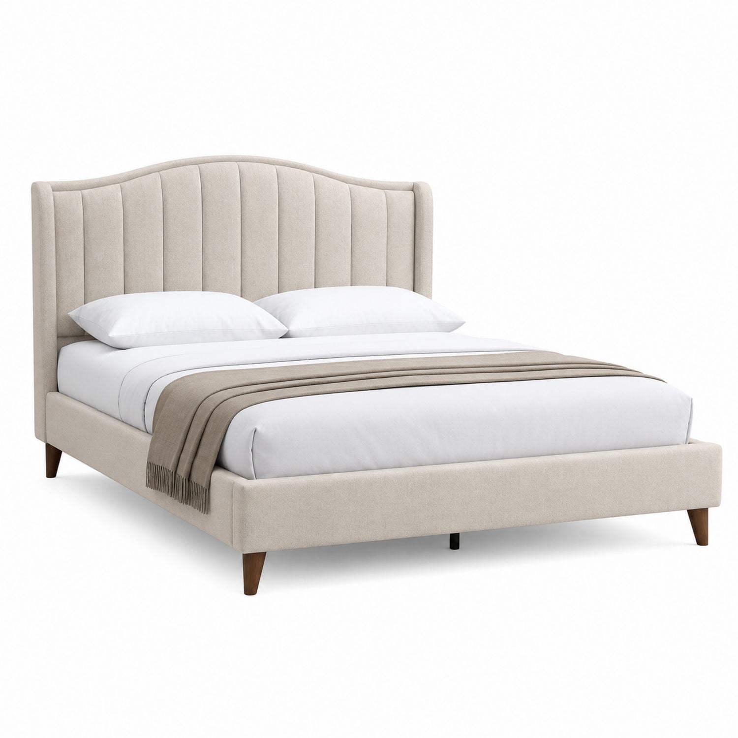 Beiges Polster-Kingsize-Bett mit Stoffkopfteil