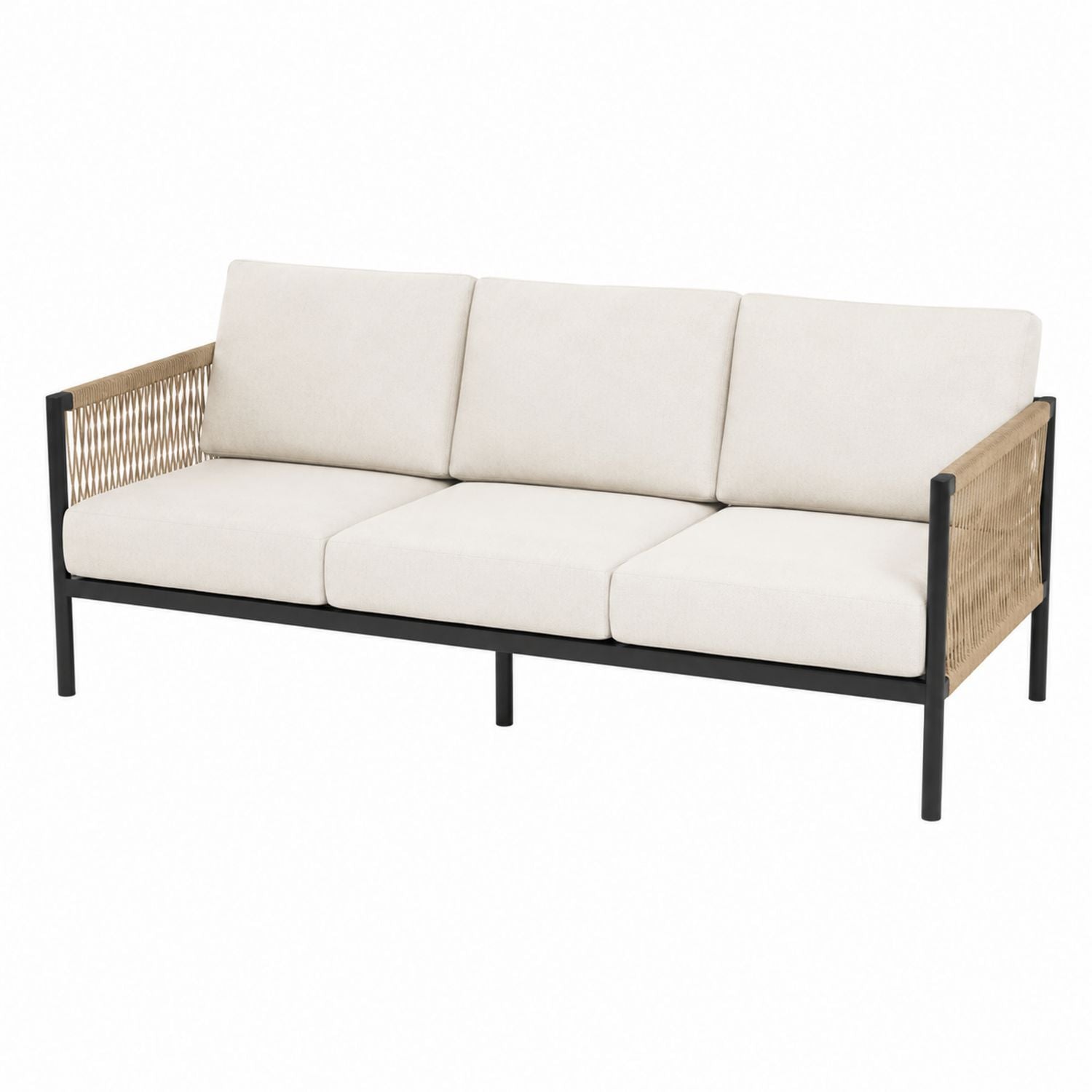 Outdoor Sofa Aluminum Frame Beige Cushions Woven Rope Arms 210cm