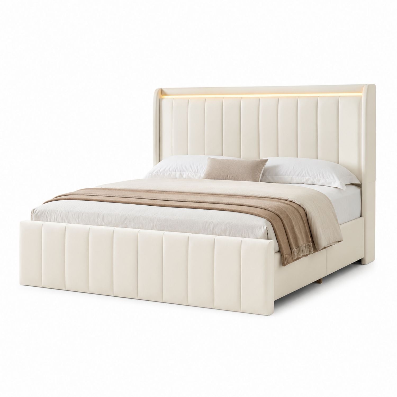 Kingsize PU-Lederbett mit LED-Kopfteilbeleuchtung in Creme