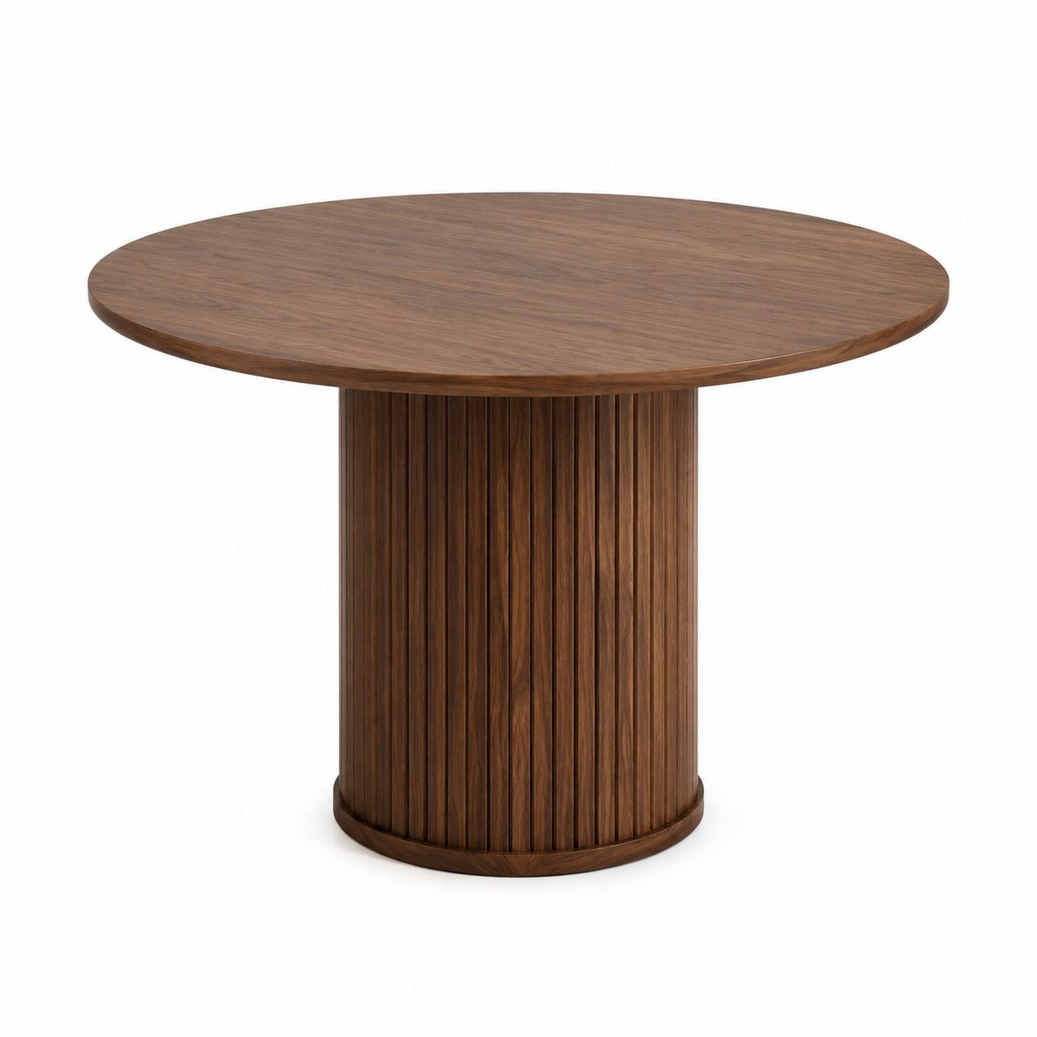 Round Walnut Wood Dining Table with Vertical Slat Base