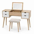 Wood Vanity Dressing Table Set with Mirror and Stool Light Brown White