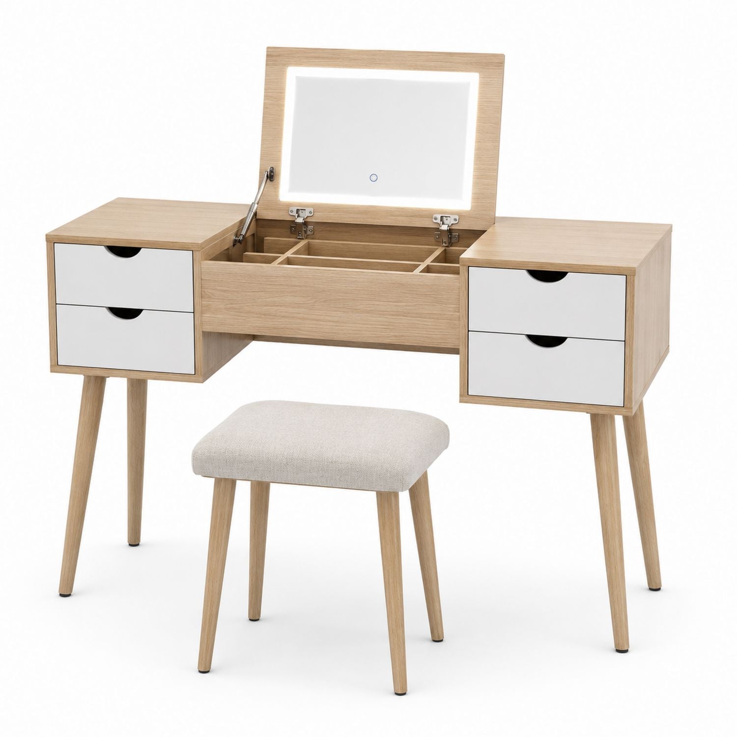 Wood Vanity Dressing Table Set with Mirror and Stool Light Brown White