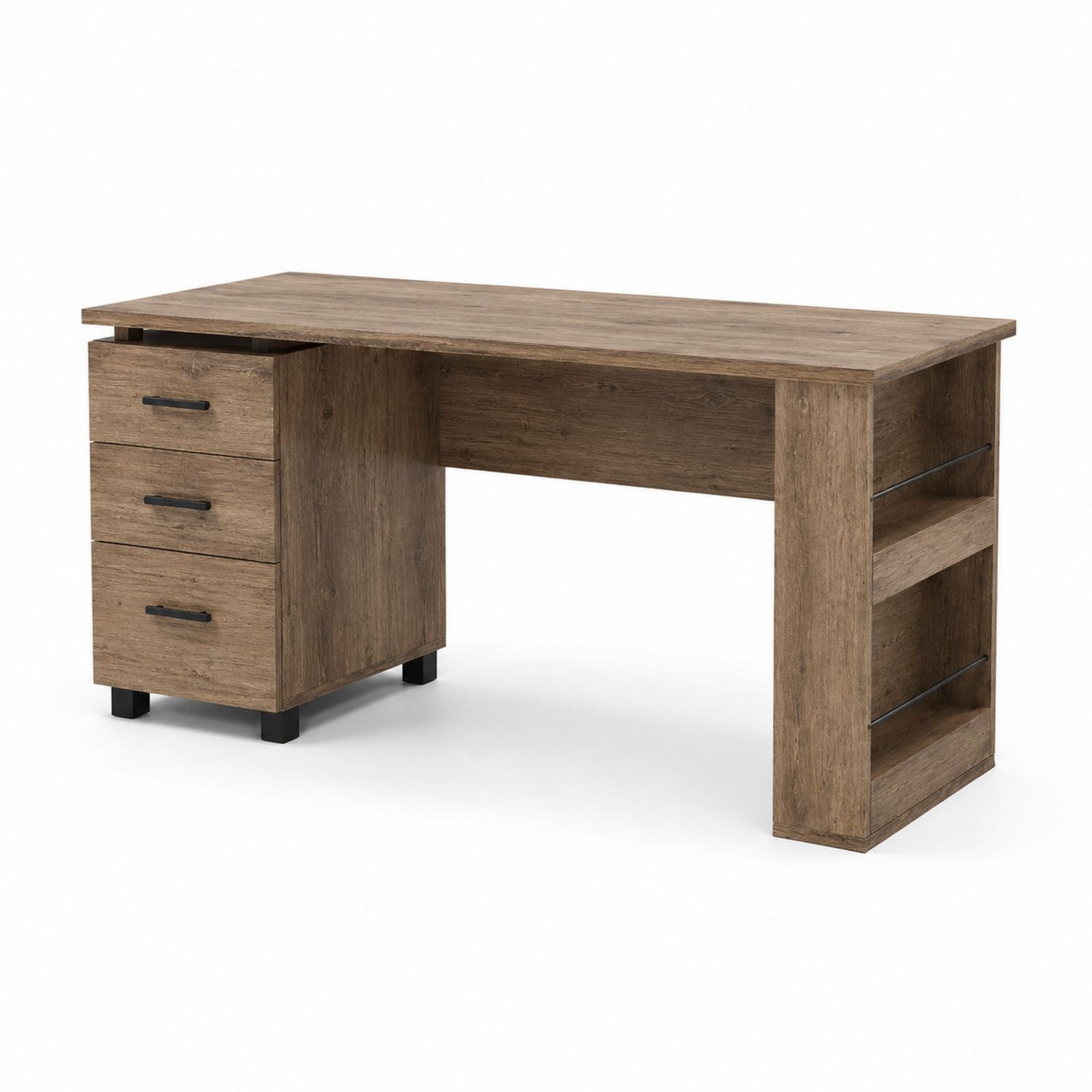 Holz Büroschreibtisch mit 3 Schubladen und Seitenregalen 140cm x 60cm x 75cm