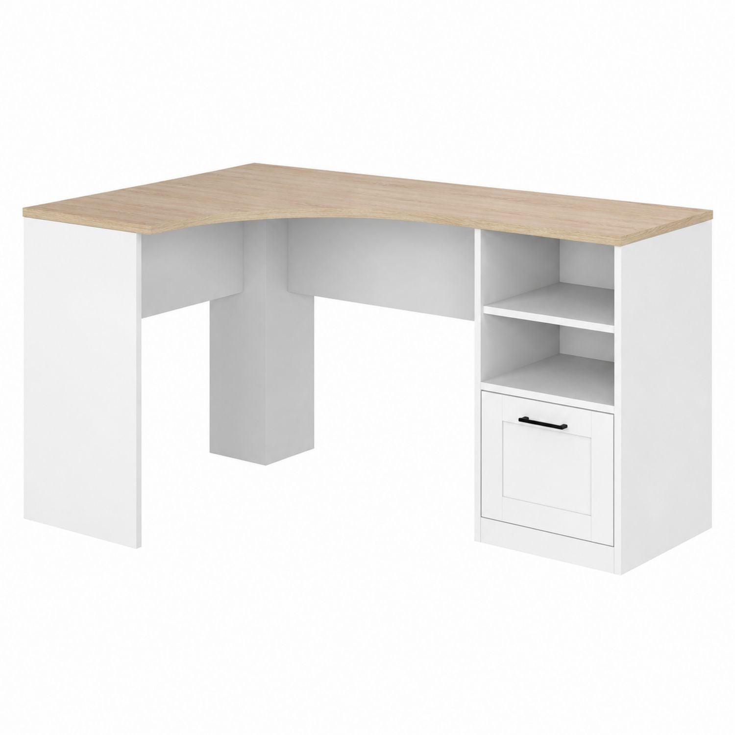 L-Shaped MDF Corner Desk with Oak Finish Top and White Body