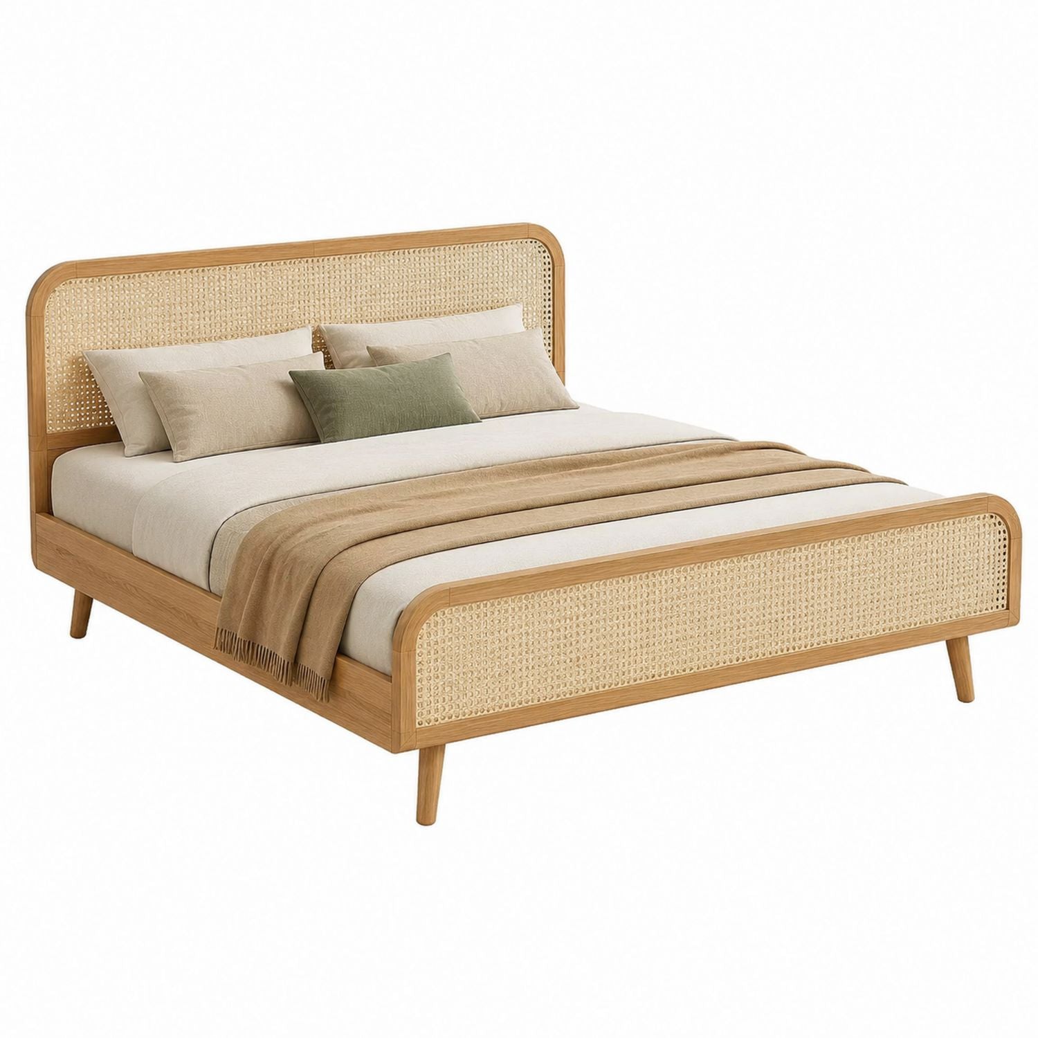 Queen-Size Bettgestell aus Holz und Rattan mit Kopf- und Fußteil
