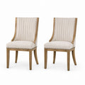 Set of 2 Linen Upholstered Dining Chairs with Oak Wood Frame Beige