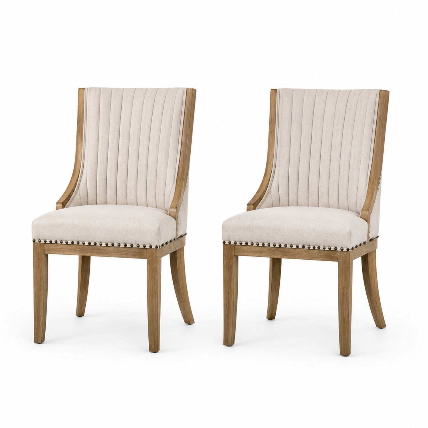 Set of 2 Linen Upholstered Dining Chairs with Oak Wood Frame Beige