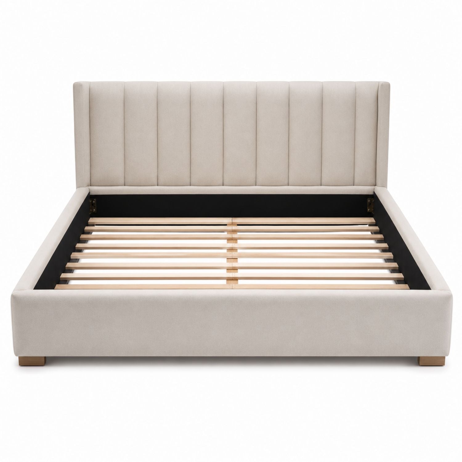 Velvet Upholstered Platform Bed with Wooden Slats Queen Size Beige