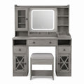 Gray Wooden Vanity Set with LED Mirror and Cushion Stool