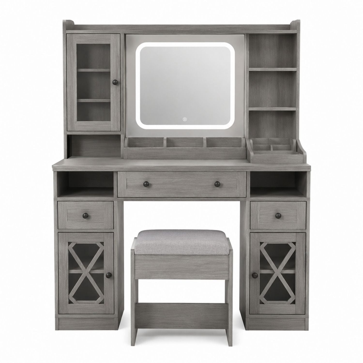 Gray Wooden Vanity Set with LED Mirror and Cushion Stool