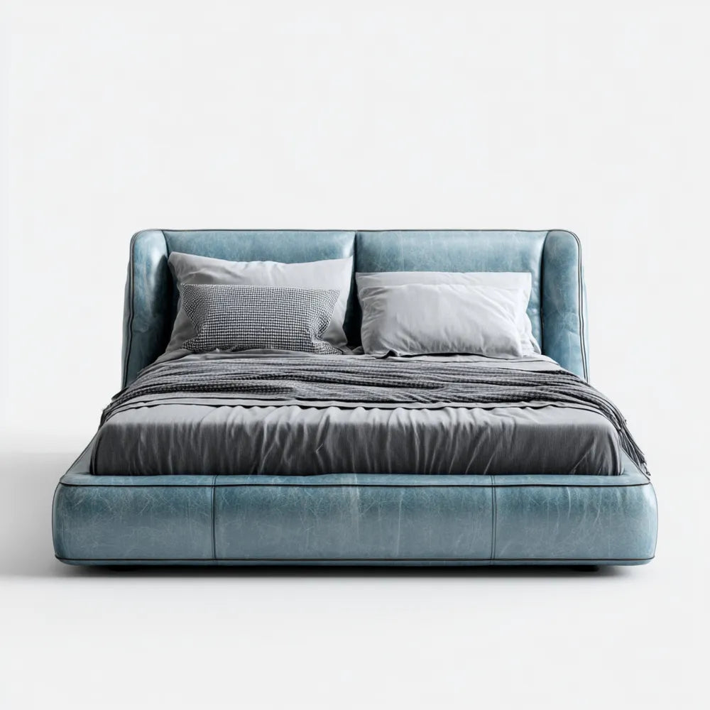 Double Bed Leather Upholstered 200x160x90 cm - Light Blue - Contemporary Design
