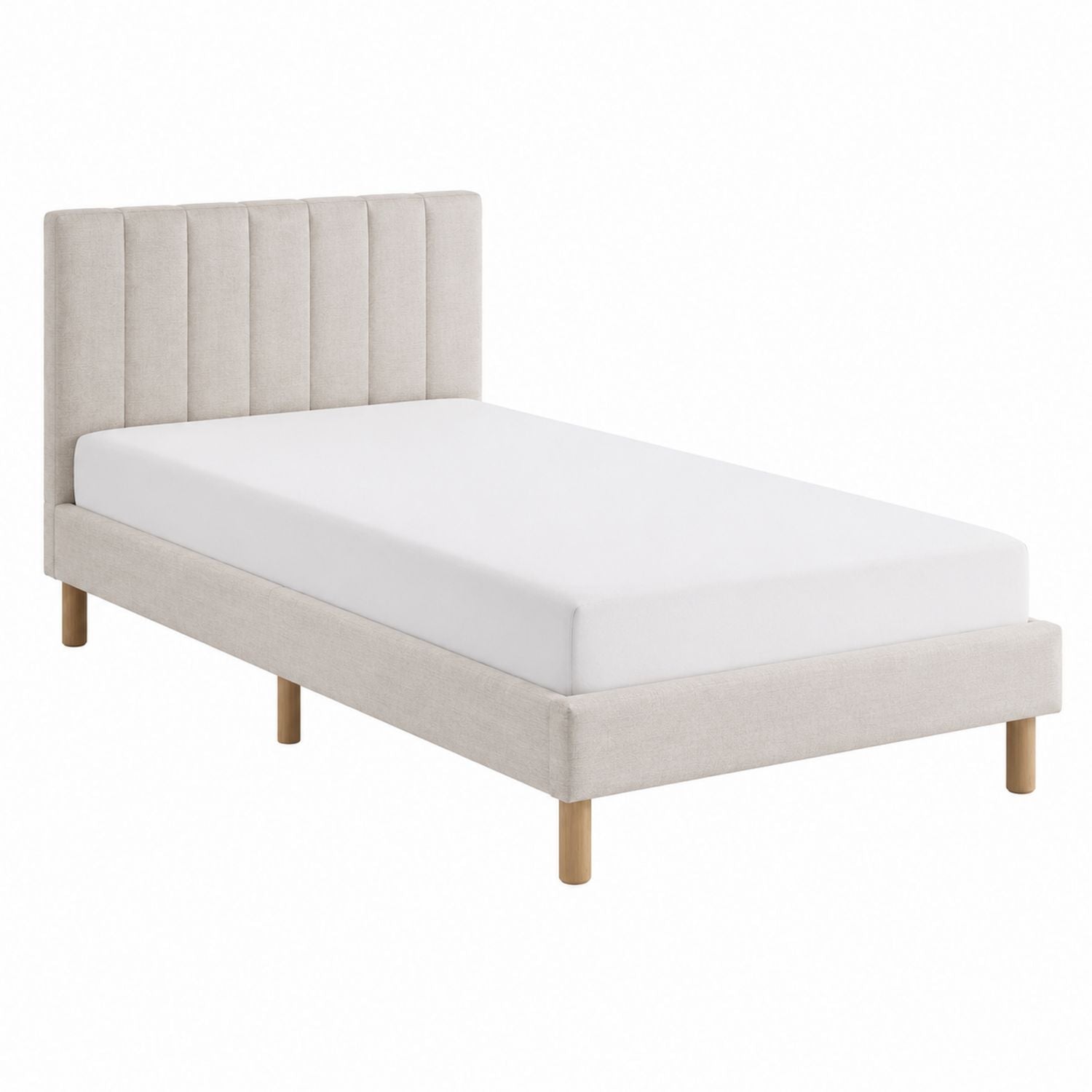 Beige Fabric Upholstered Single Bed with Wooden Legs 200cm x 100cm