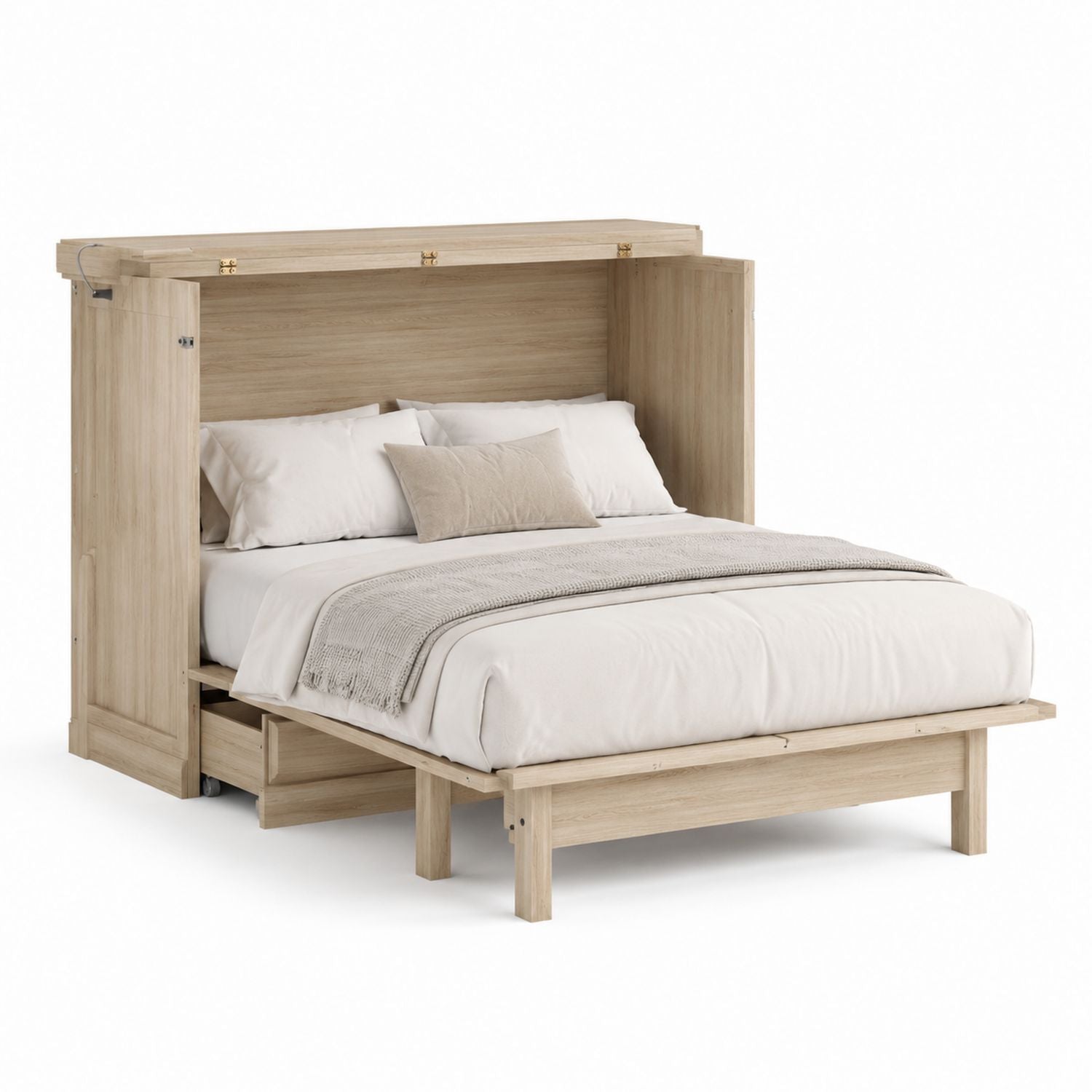Oak Murphy Bed with Storage Foldable Queen Size