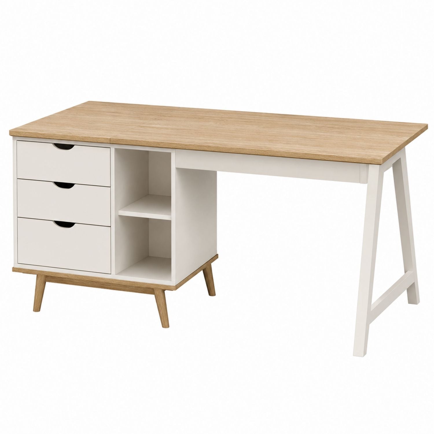 Bürotisch Eiche und Weiß MDF mit Schubladen und Regalen 120cm