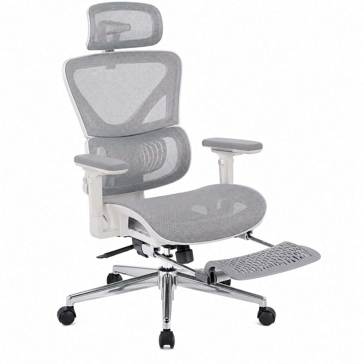 Ergonomischer Bürostuhl aus Netzstoff mit verstellbarer Kopf- und Fußstütze, Hellgrau
