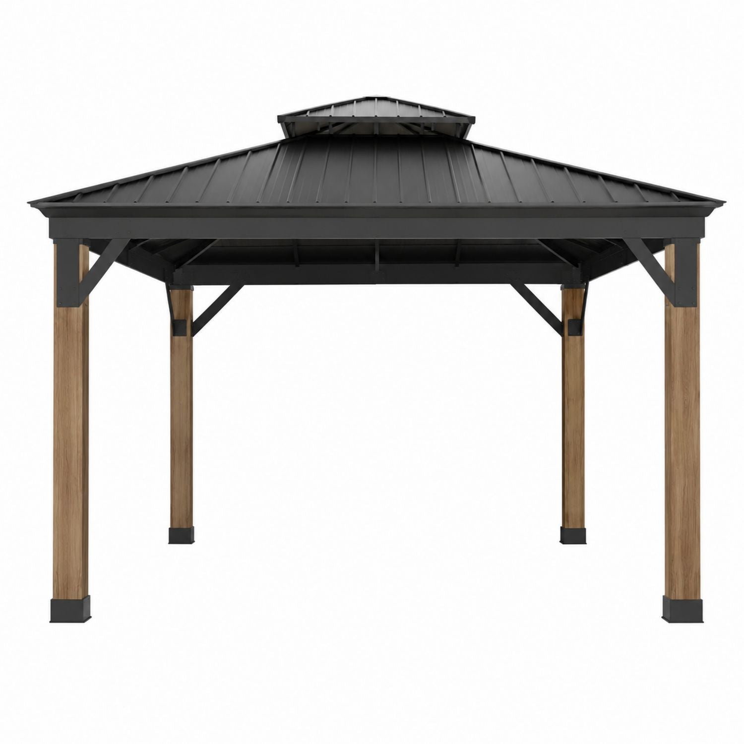 Stahl- und Aluminium-Pavillon mit Holzmaserungspfosten und schwarzem Dach 3m x 4m