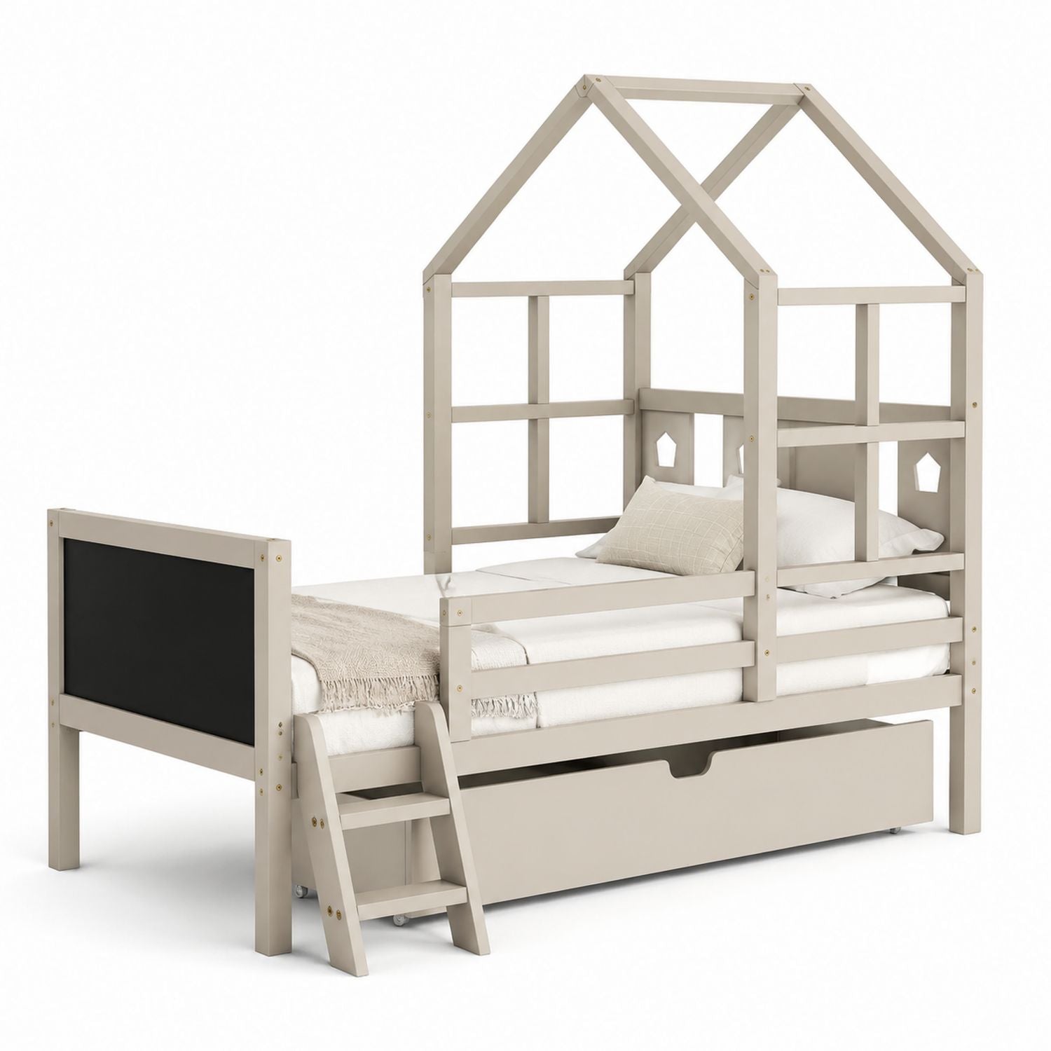 Holzhausbett mit Leiter und Aufbewahrungsschublade Beige
