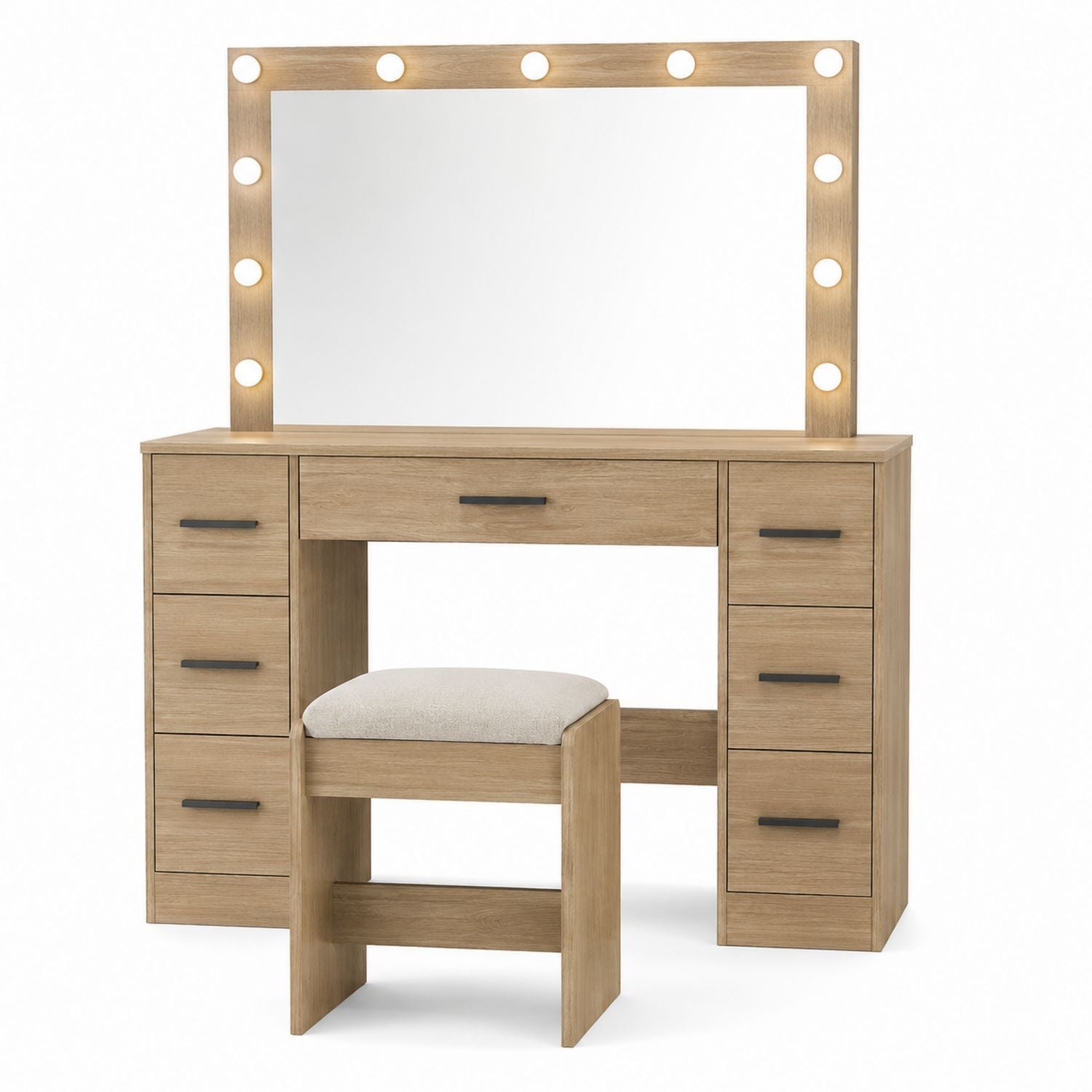 Schminktisch-Set aus Holz mit gepolstertem Hocker und beleuchtetem Spiegel in Eiche