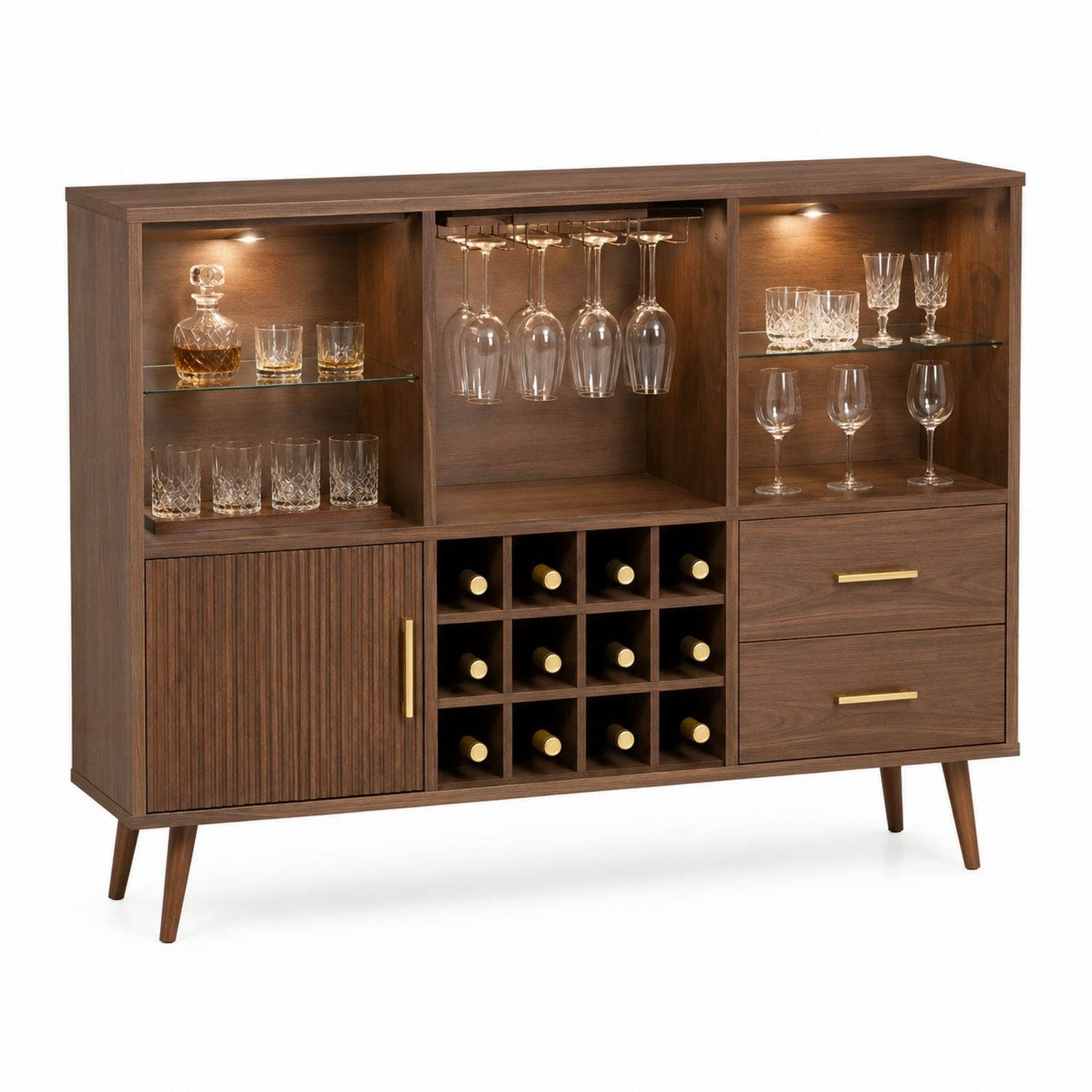 Walnut Wood Sideboard with Wine Storage and Glass Holder