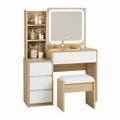 Wood Vanity Set with LED Mirror and Stool Oak White