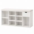 White Wooden Storage Bench with Cushion and Multiple Compartments