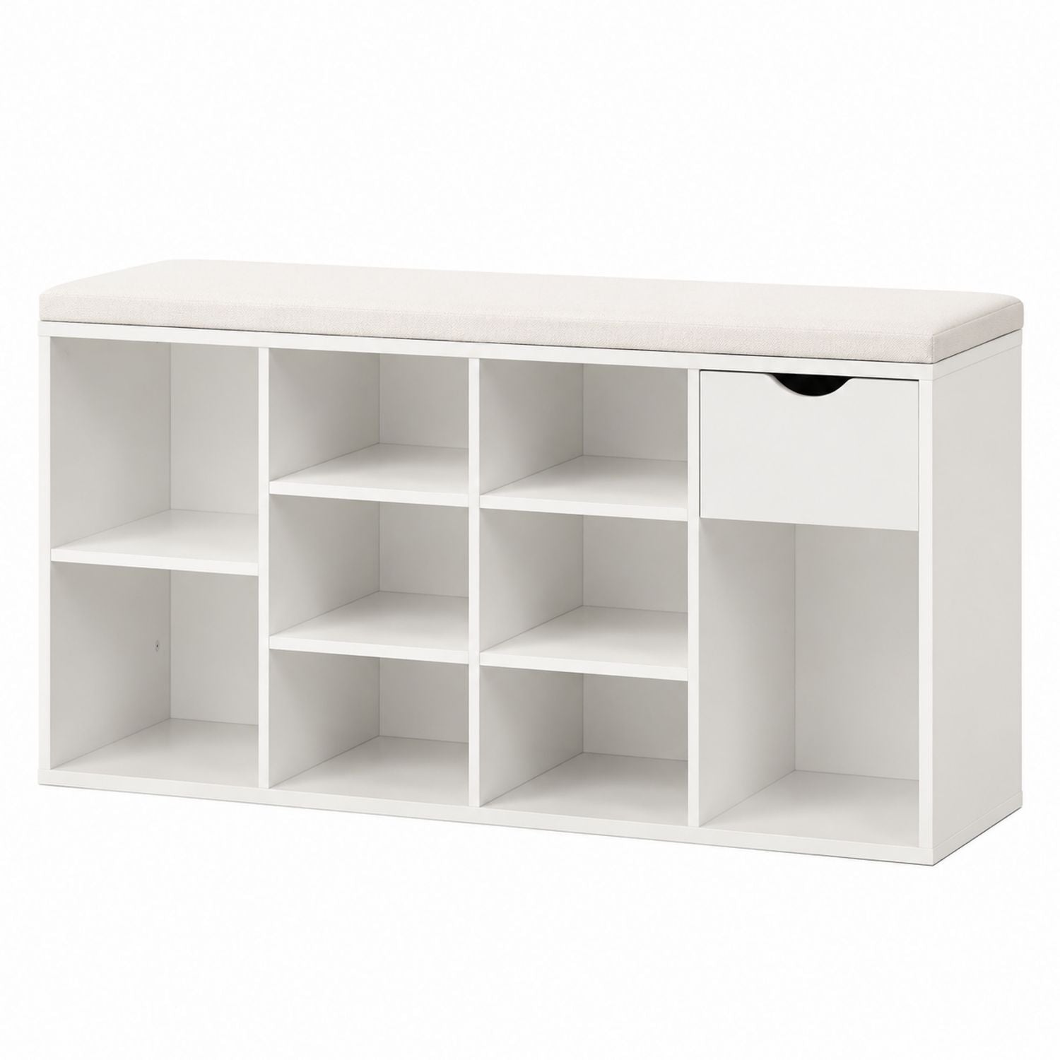 White Wooden Storage Bench with Cushion and Multiple Compartments