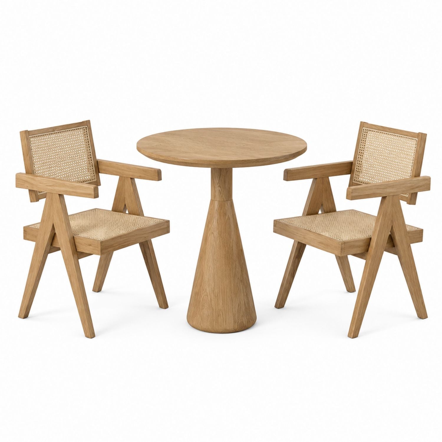 Oak Dining Set with Rattan Seats - 2 Chairs and Round Table