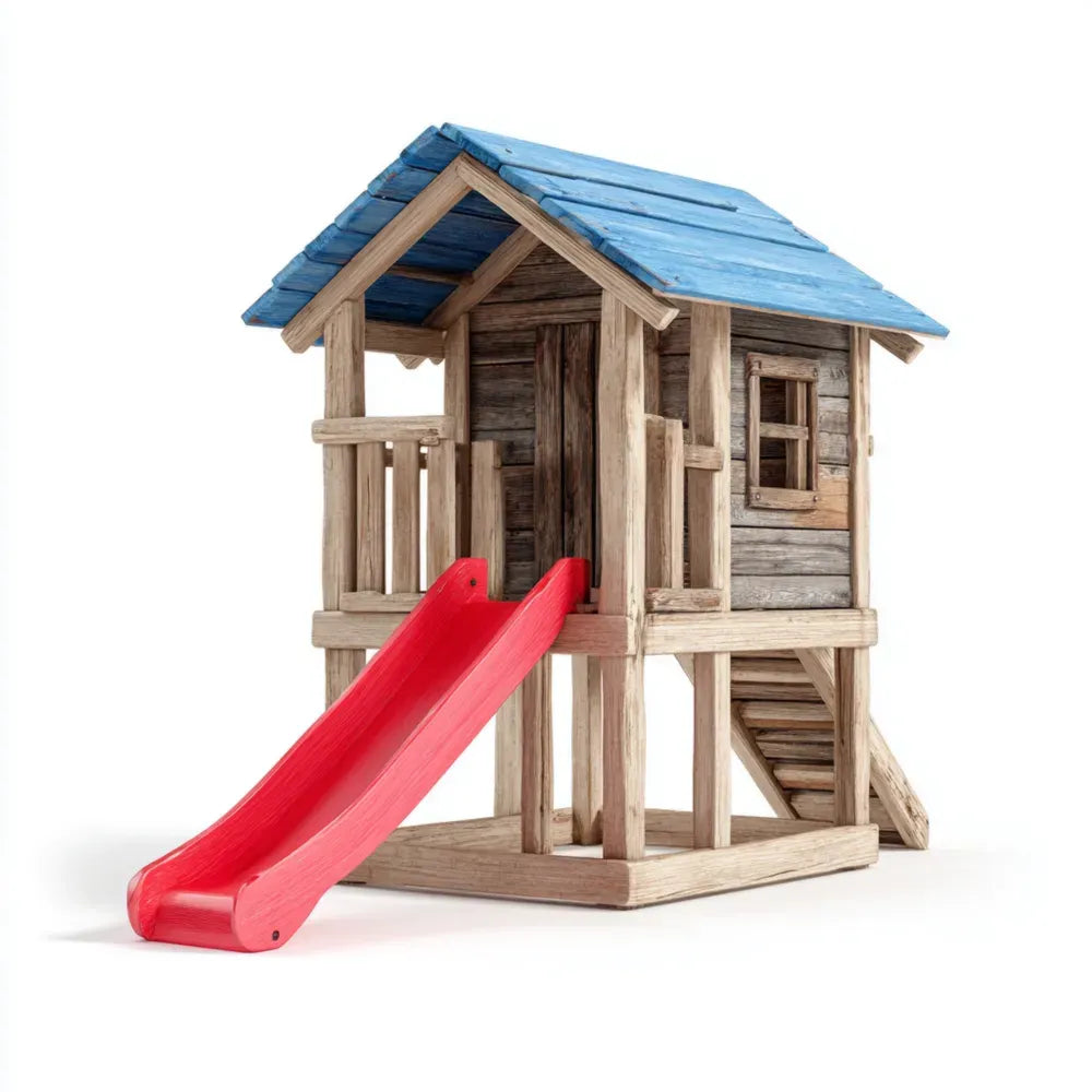 Wooden Playhouse with Slide 59x47x78 Inches Red and Blue Outdoor Fun