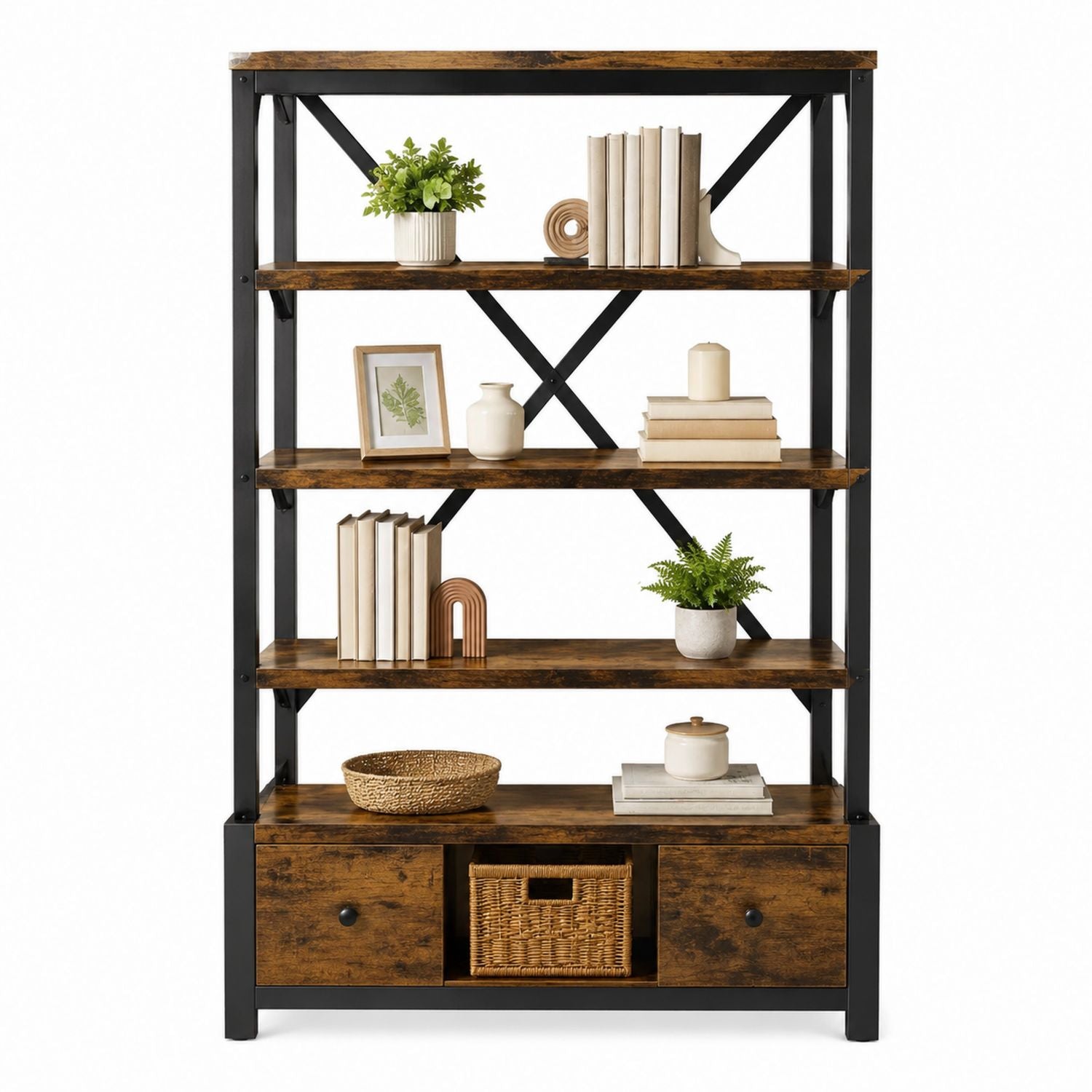 Bücherregal aus Metall und MDF mit Schubladen 120 cm x 40 cm x 180 cm