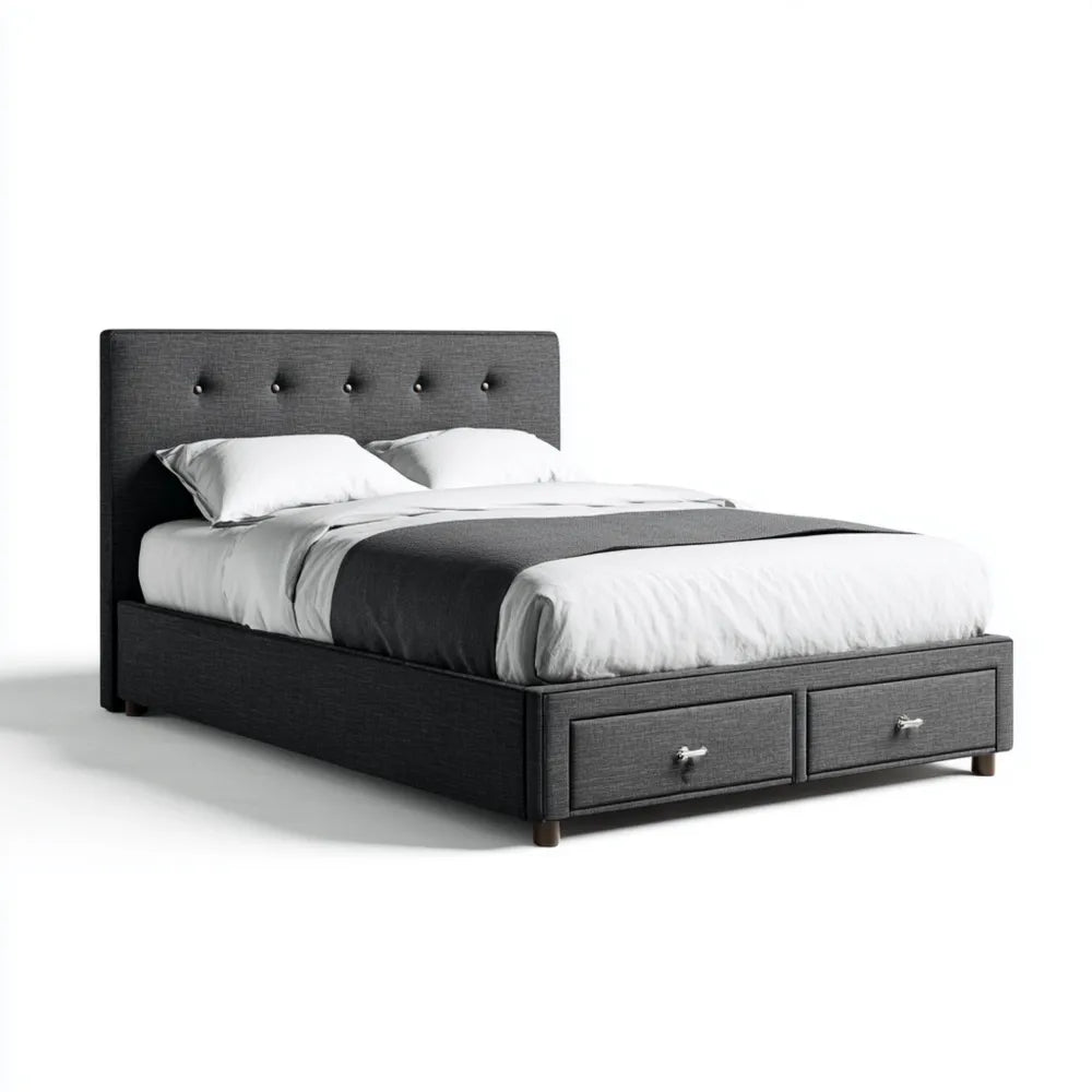 Double Bed Upholstered Fabric 140x200x110 cm - Dark Gray - Modern Design with Storage Drawers