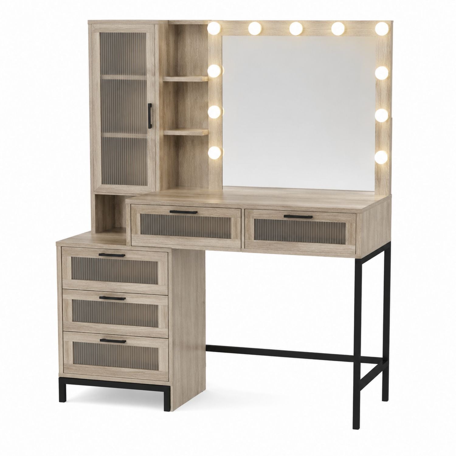 Wood Vanity with Mirror and Lights Beige 48x59x20in